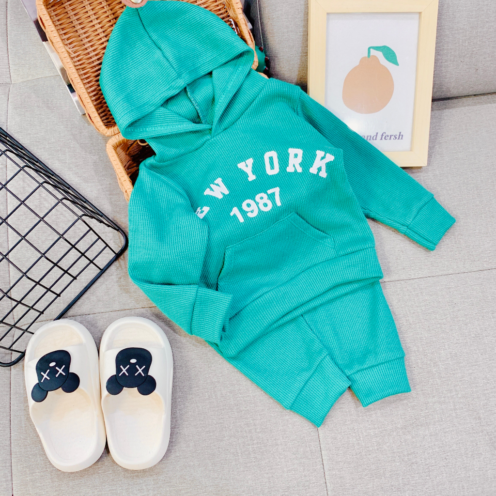 Đồ bộ thu đông kiểu Hoodie cho bé trai và bé gái, bộ quần áo dài tay có mũ phong cách thể thao cho bé