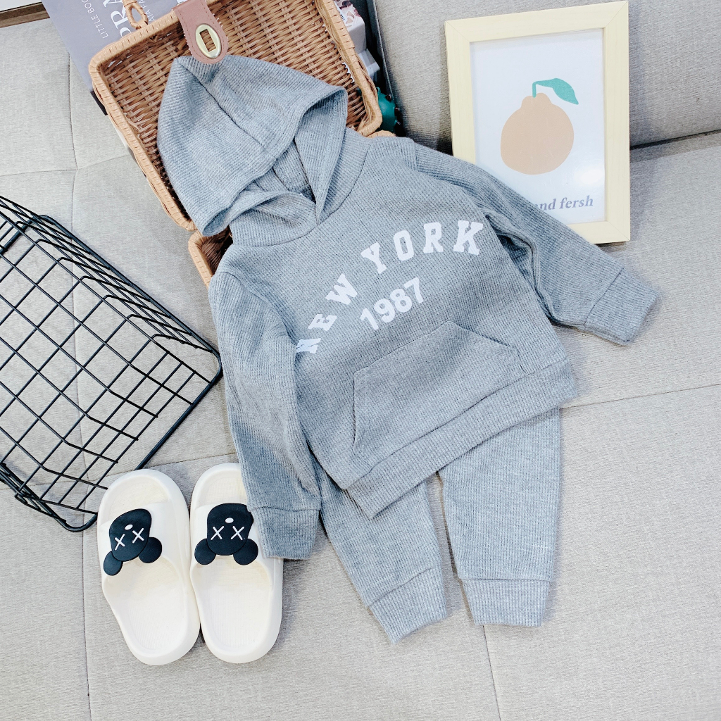 Đồ bộ thu đông kiểu Hoodie cho bé trai và bé gái, bộ quần áo dài tay có mũ phong cách thể thao cho bé