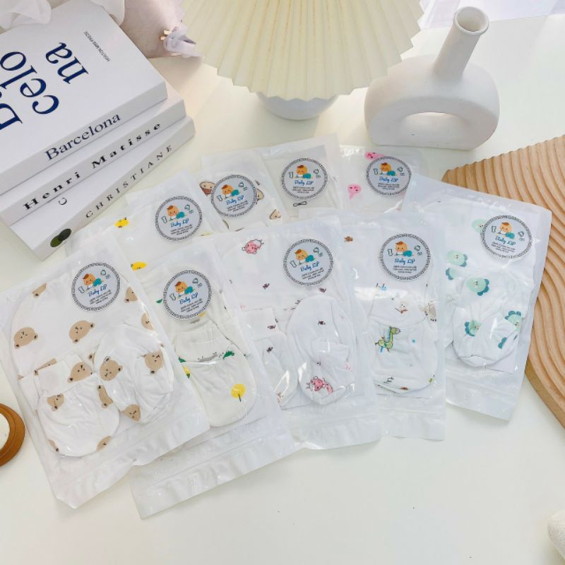 Set mũ kèm bao tay chân petti thun lạnh trắng Hoạ tiết 5 món cho bé sơ sinh