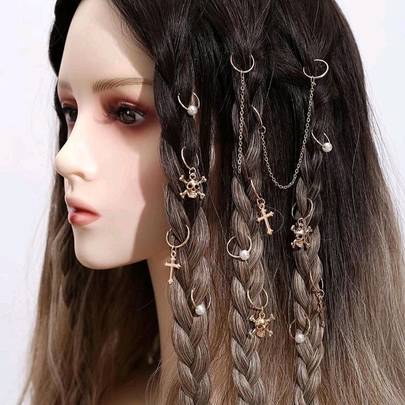 Set Nẹp Cài Tóc Dreadlock Trang Trí Đầu Lâu Thánh Giá Phong Cách Punk, Gothic