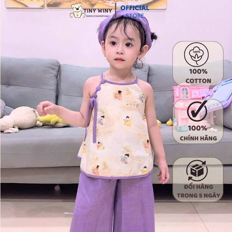 Bộ áo yếm quần tím in họa tiết và khăn, phù hợp đi chơi cho bé chất đũi mềm mại dễ chịu thoải mái Tiny Winy S148