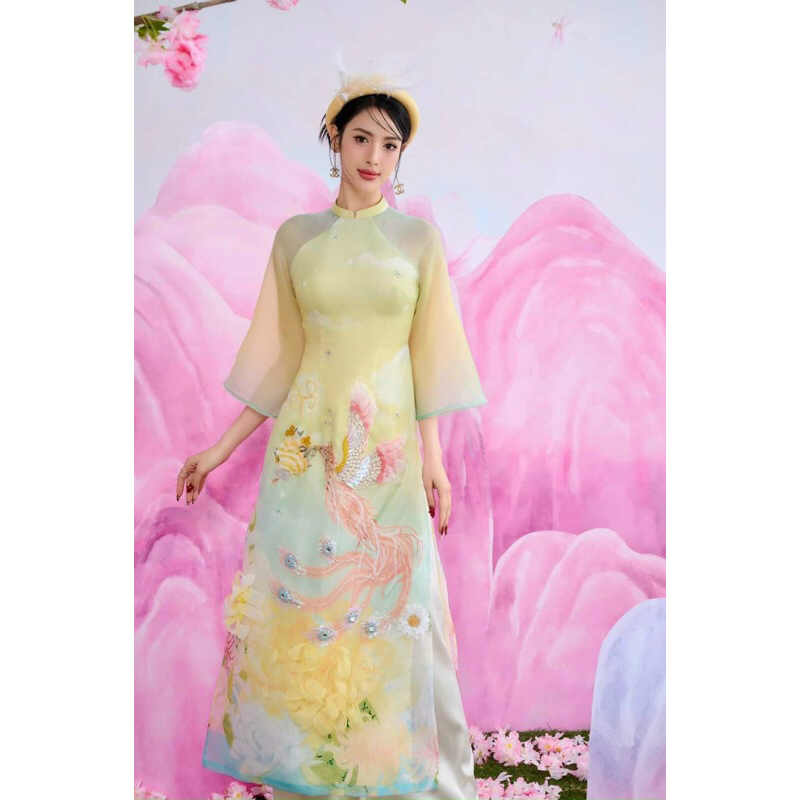 Áo dài Giai kỳ các tân tay lỡ đính kết thủ công tỉ mỉ - chất tơ oganza lót lụa không dặm ngứa