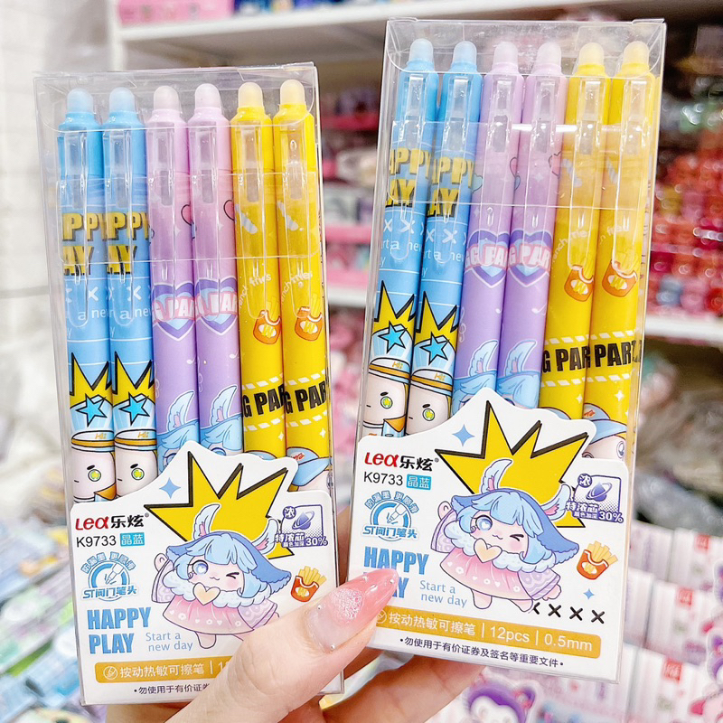 Hộp 12 Bút Gel Xoá Được Mực Xanh Nhiều Mẫu Gấu Dâu, Bé Gái, Cún, Thỏ Cute