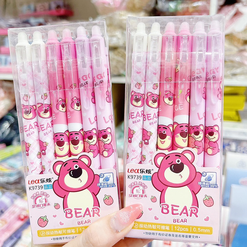 Hộp 12 Bút Gel Xoá Được Mực Xanh Nhiều Mẫu Gấu Dâu, Bé Gái, Cún, Thỏ Cute