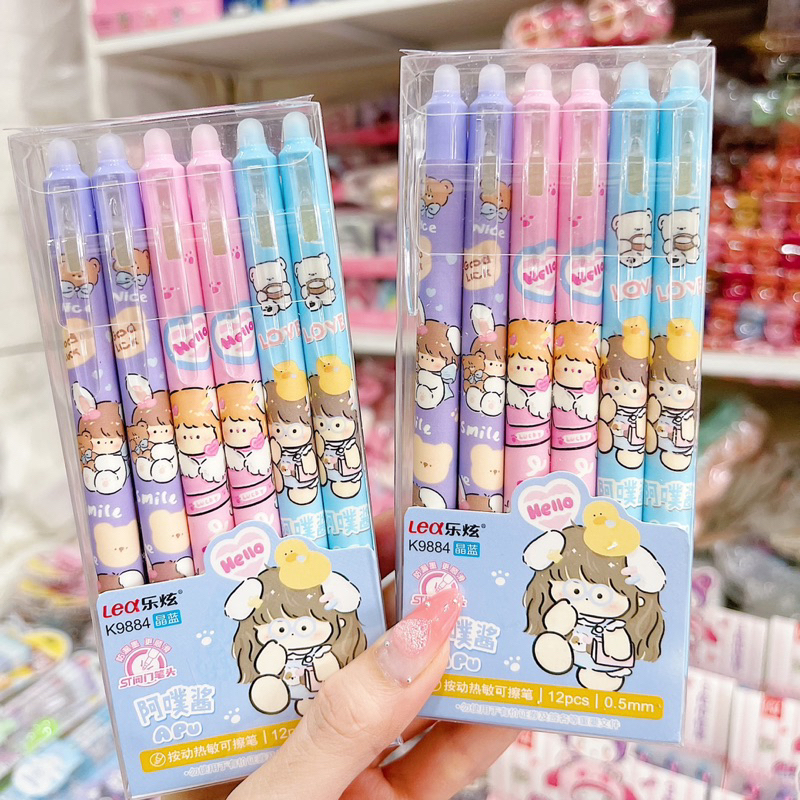 Hộp 12 Bút Gel Xoá Được Mực Xanh Nhiều Mẫu Gấu Dâu, Bé Gái, Cún, Thỏ Cute