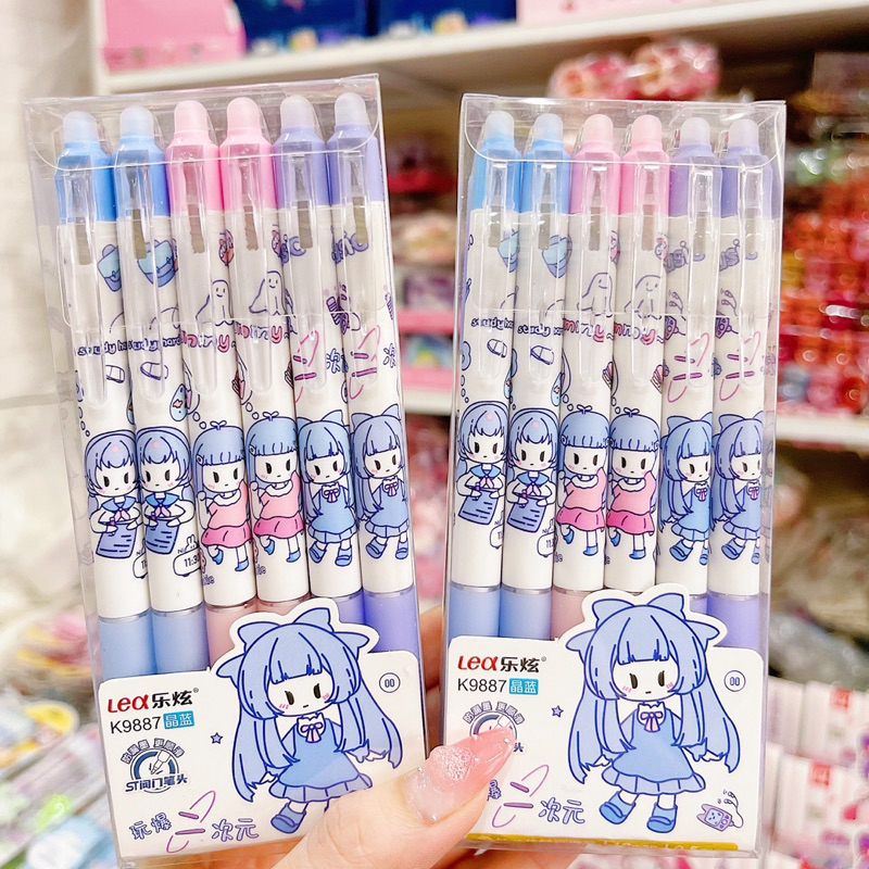 Hộp 12 Bút Gel Xoá Được Mực Xanh Nhiều Mẫu Gấu Dâu, Bé Gái, Cún, Thỏ Cute