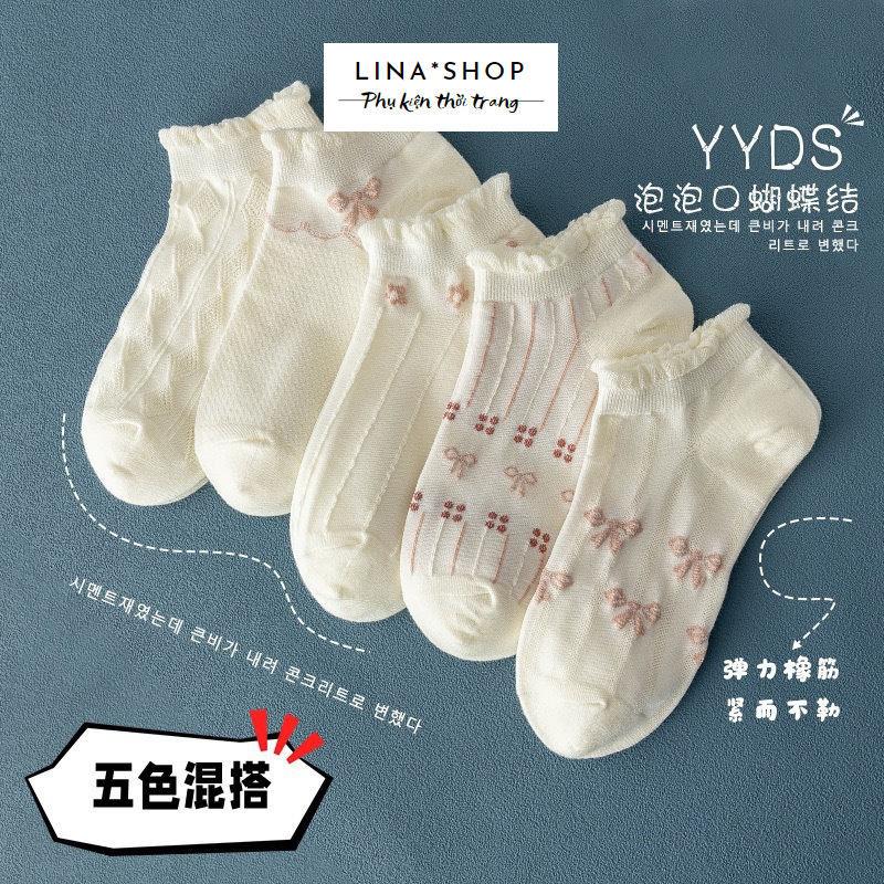 Vớ nữ, tất nữ ngắn họa tiết nơ màu trắng thời trang xuân