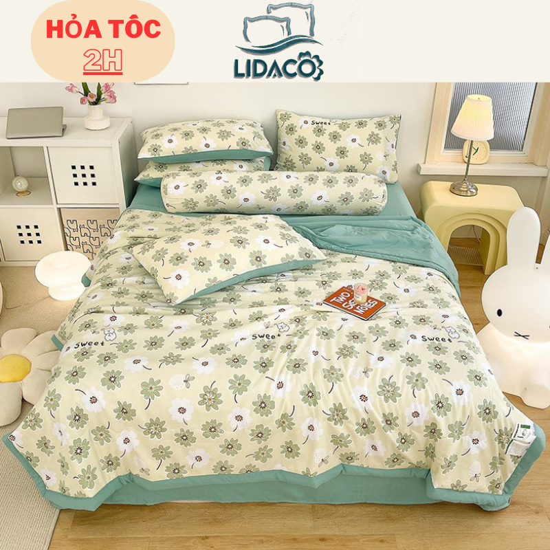 Bộ 5 món chăn chần bông cotton đũi LIDACO họa tiết vintage phù hợp với mọi cỡ nệm