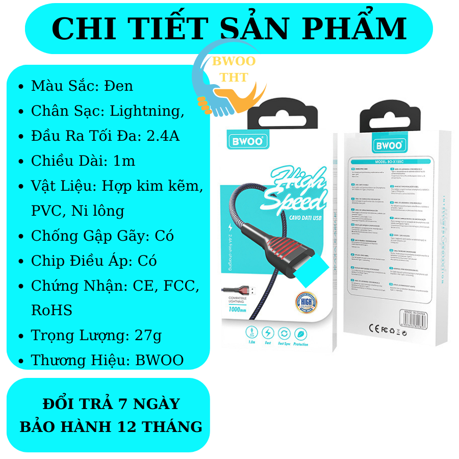 Dây sạc nhanh BWOO X155L Cáp bọc dù Chống gập gãy dùng cho 6 đến14  BH 12 Tháng