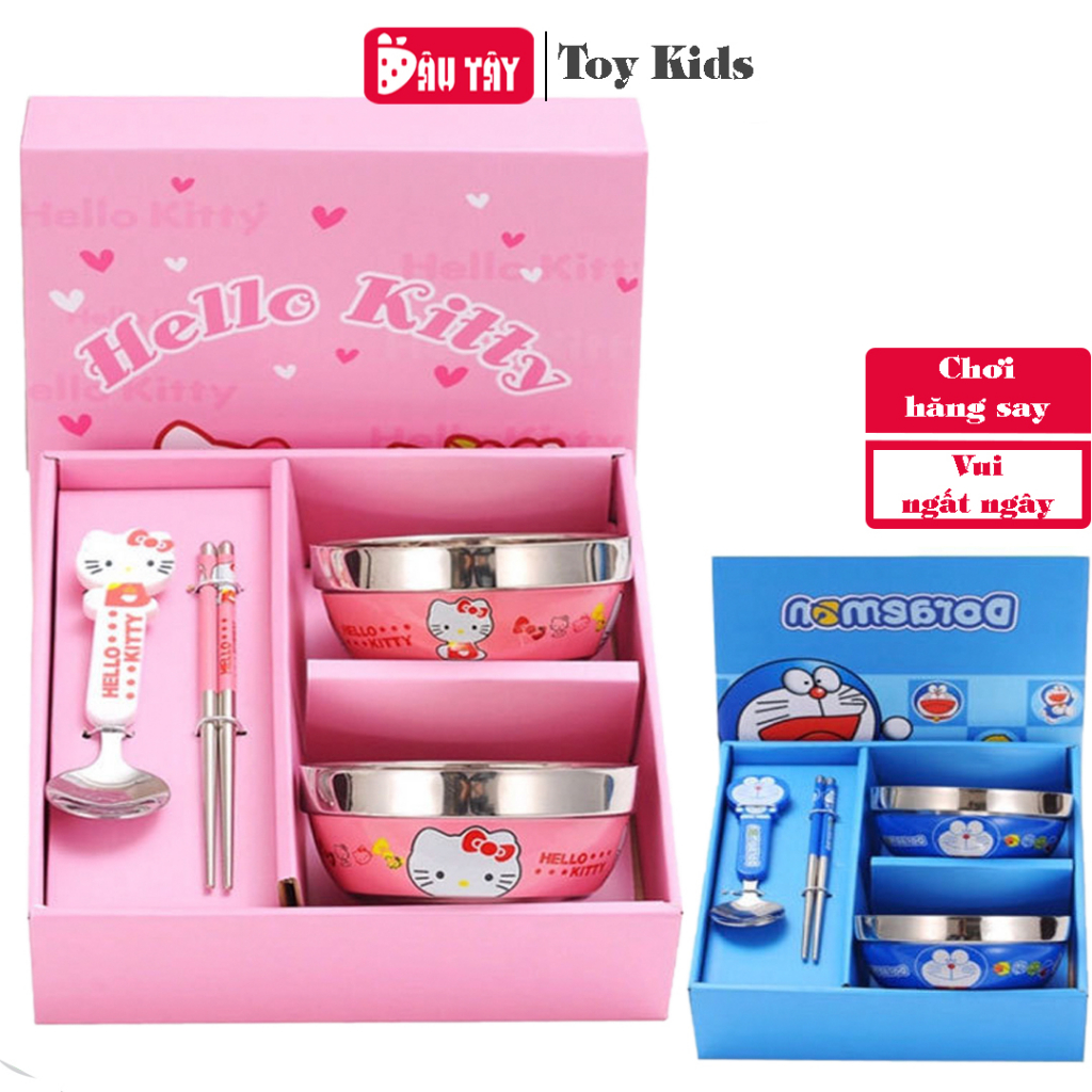 Set 2 bát cách nhiệt kèm đũa thìa hình Doremon/Hello kitty cho bé trai bé gái