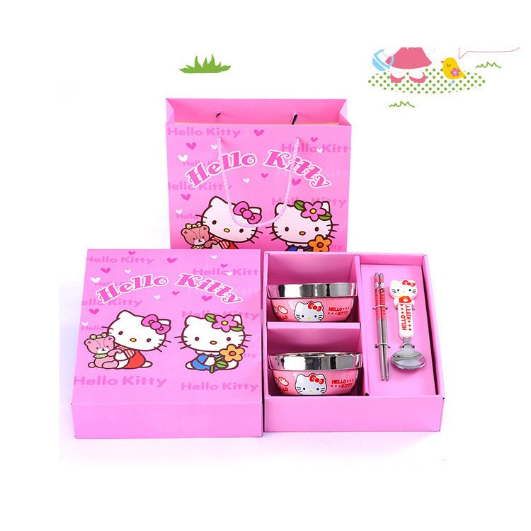 Set 2 bát cách nhiệt kèm đũa thìa hình Doremon/Hello kitty cho bé trai bé gái