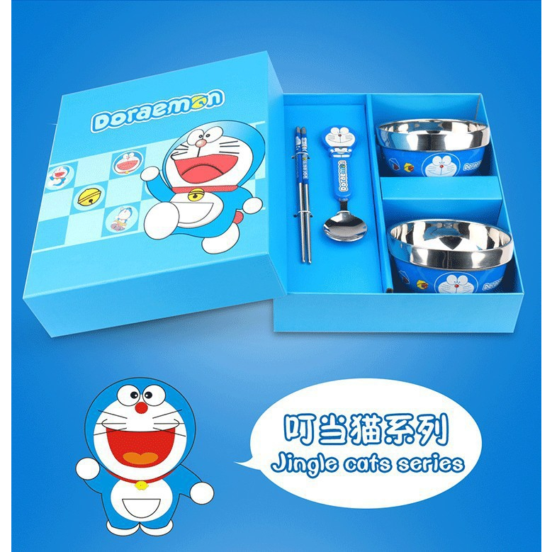 Set 2 bát cách nhiệt kèm đũa thìa hình Doremon/Hello kitty cho bé trai bé gái
