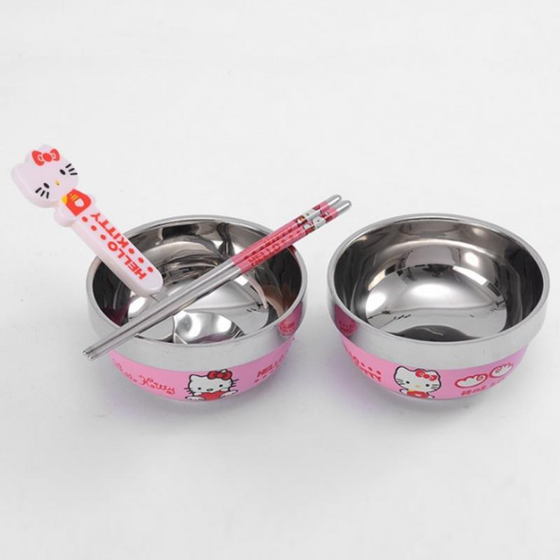 Set 2 bát cách nhiệt kèm đũa thìa hình Doremon/Hello kitty cho bé trai bé gái