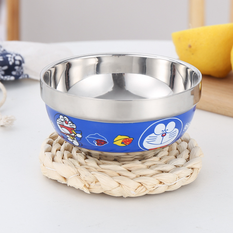 Set 2 bát cách nhiệt kèm đũa thìa hình Doremon/Hello kitty cho bé trai bé gái