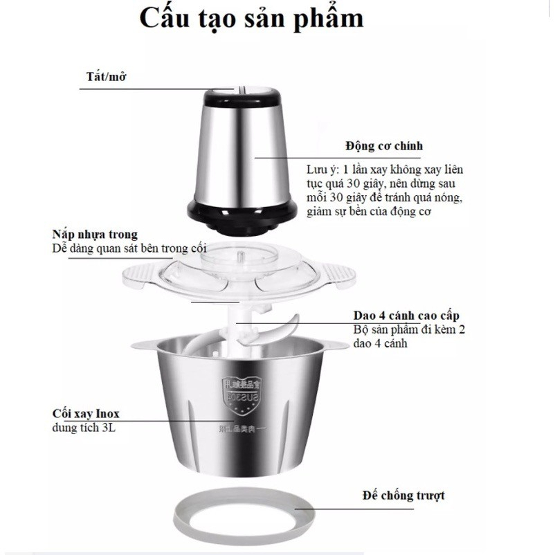 Máy Xay Thịt, Máy Xay Đa Năng Cối Inox 4 Lưỡi Siêu Tiện Lợi