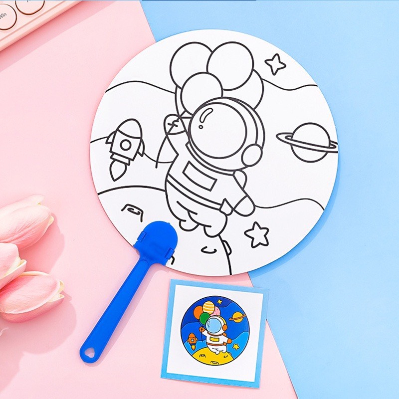 Quạt tô màu - quạt cầm tay tô màu - Quạt xếp hình DIY có tay cầm họa tiết hoạt hình đáng yêu cho bé