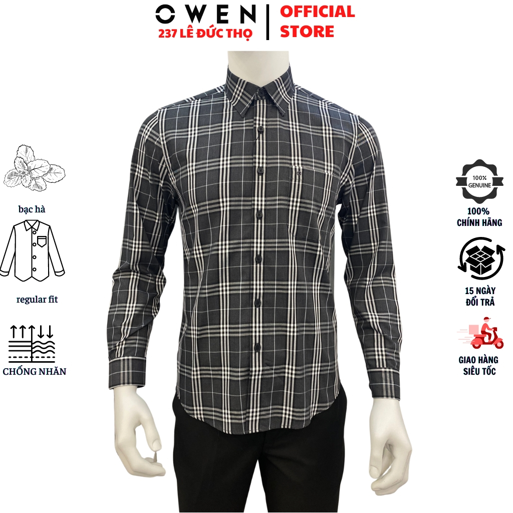 Áo sơ mi nam OWEN AR230253DT somi dài tay công sở kẻ caro lớn xám đen regular fit tà lượn có túi chất bạc hà cao cấp