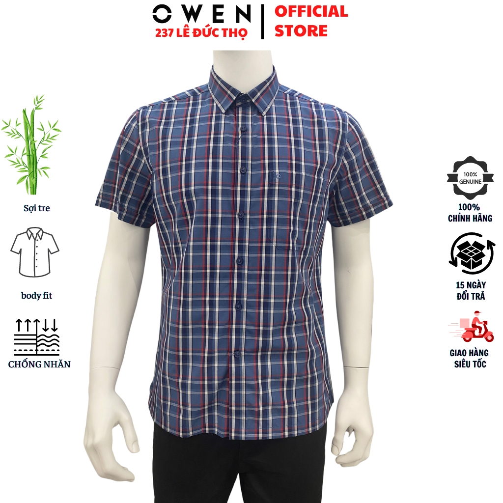 Áo sơ mi ngắn tay nam OWEN AB230008NT somi công sở màu kẻ caro xanh đậm đỏ vải sợi tre form body fit tà bằng có túi