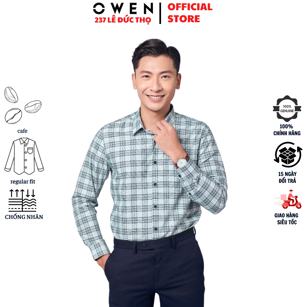 Áo sơ mi công sở nam cao cấp OWEN AR220868DT somi dáng regular fit tà lượn có túi dài tay kẻ caro xanh