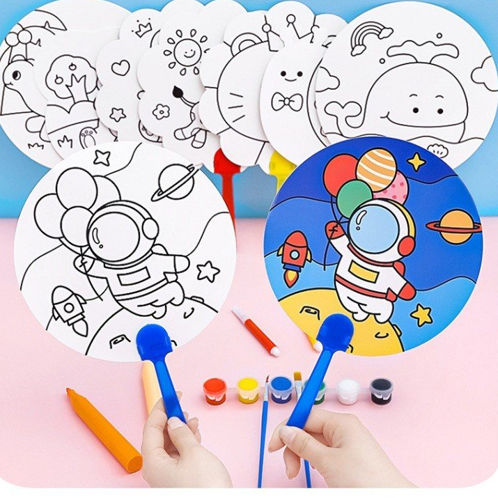 Quạt tô màu - quạt cầm tay tô màu - Quạt xếp hình DIY có tay cầm họa tiết hoạt hình đáng yêu cho bé