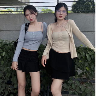 Set Cardigan Áo 2 Dây Cúc Giả PEONYB Nữ [FREESHIP] 🌸 Bộ croptop thun tăm dài tay kèm khoác ngoài trơn màu Ulzzang 🌸