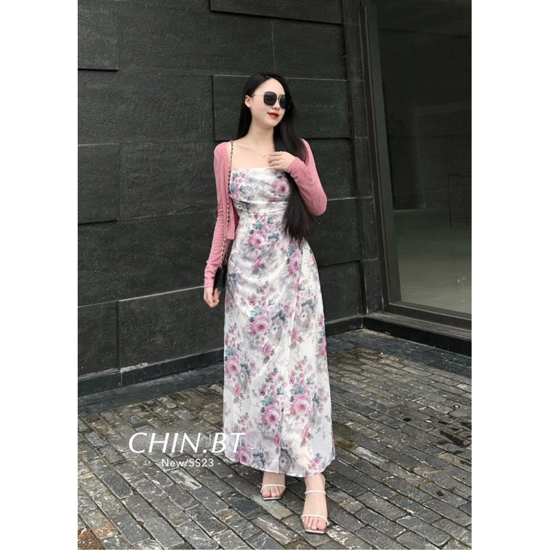 Set Váy Hoa Kèm Cadigan Hồng QC L1