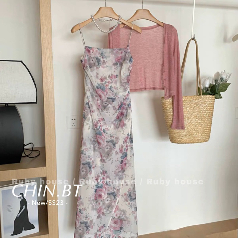 Set Váy Hoa Kèm Cadigan Hồng QC L1