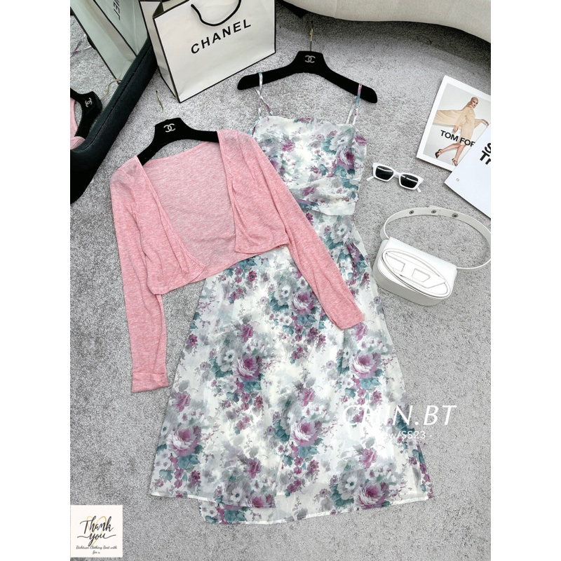 Set Váy Hoa Kèm Cadigan Hồng QC L1