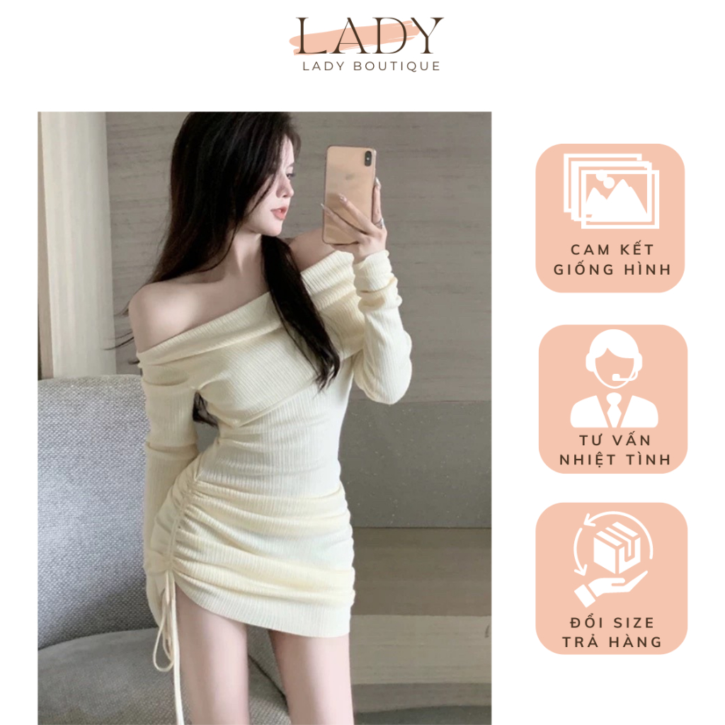 Váy body rút eo trễ vai , váy body có dây rút chất len tăm mỏng nhẹ thoáng khí mặc được nhiều kiểu