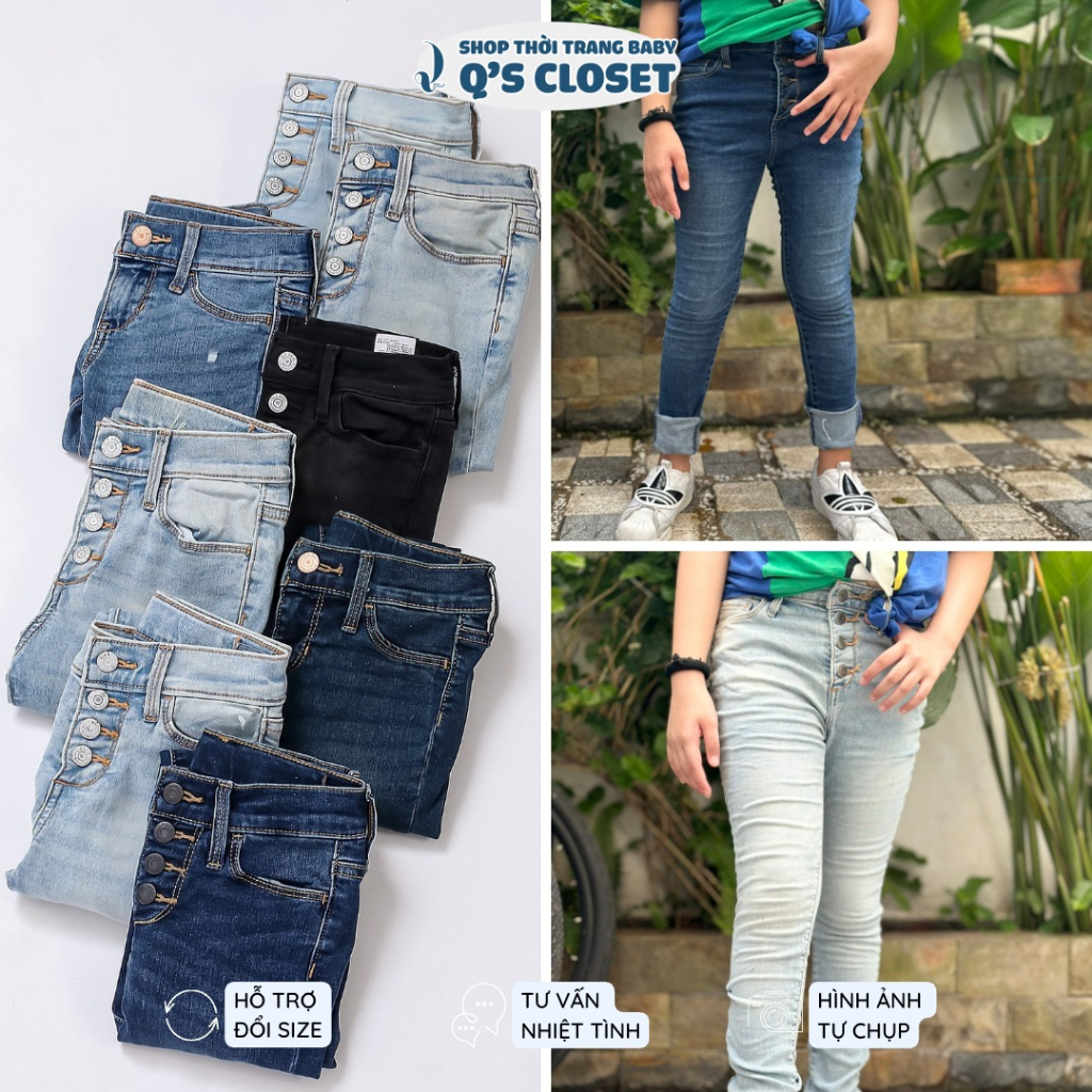 Quần jean dài cho bé gái size từ 15kg đến 55kg form dáng skinny, chất jean co giãn mềm mịn thoải mái có 5 màu