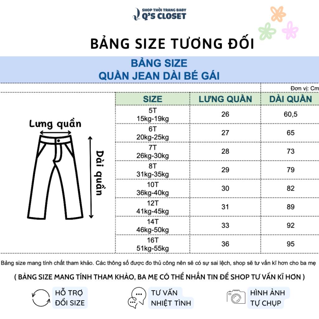 Quần jean dài cho bé gái size từ 15kg đến 55kg form dáng skinny, chất jean co giãn mềm mịn thoải mái