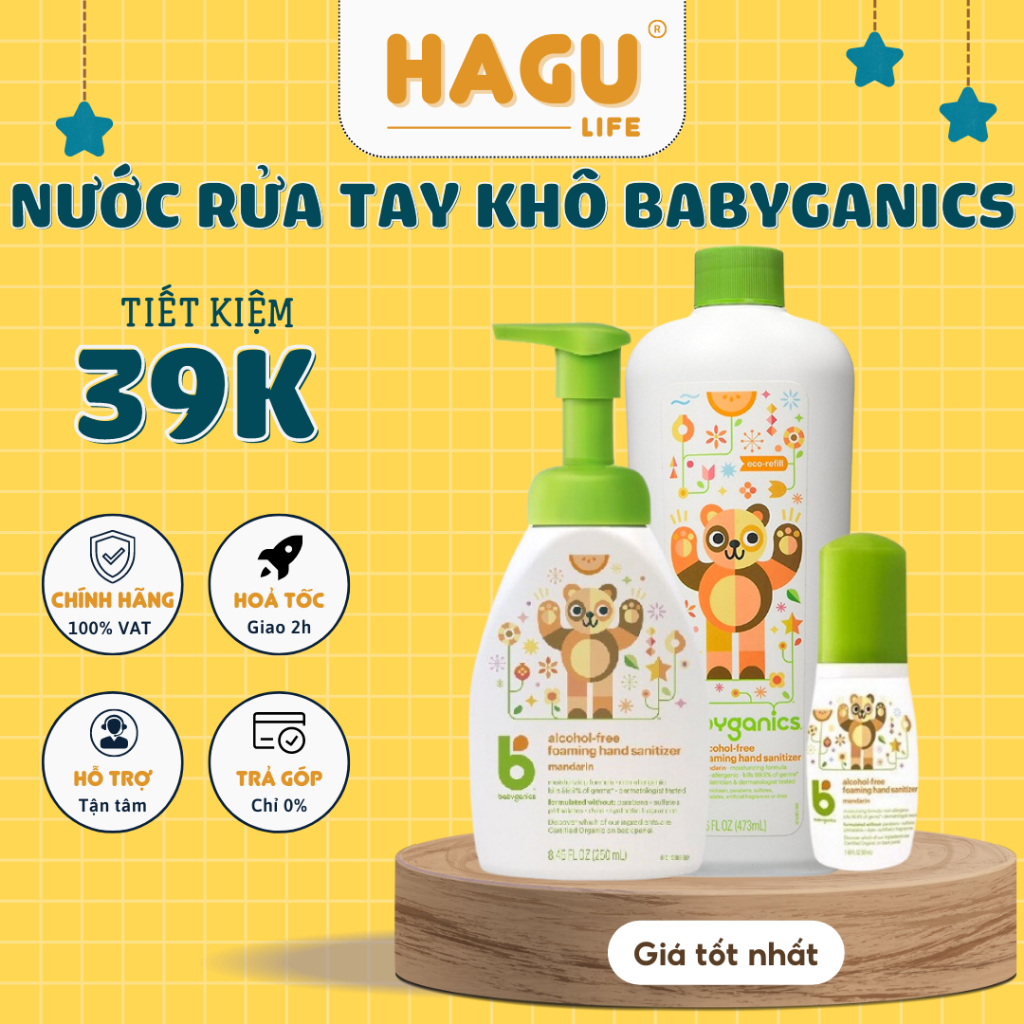 Nước rửa tay khô tạo bọt Babyganics dùng được cho trẻ sơ sinh và trẻ nhỏ - tinh dầu quýt