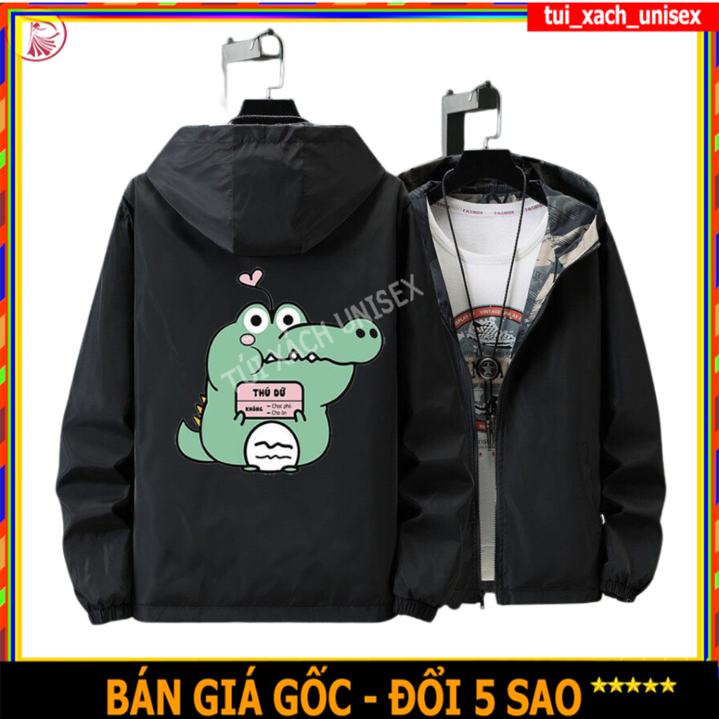 ÁO GIÓ DÙ IN HÌNH HỌA TIẾT CÁ SẤU SIÊU ĐÁNG YÊU CUTE - ÁO KHOÁC MÀU ĐEN HUYỀN ẢO THOÁNG MÁT PHÙ HỢP VỚI 4 MÙA S0