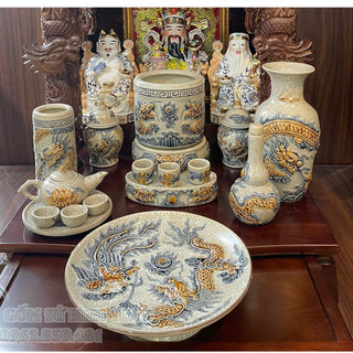 Bộ đồ thờ ban thần tài thổ địa men rạn đắp nổi - gốm nghệ nhân bát tràng patt01
