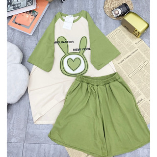  Set bộ chất cotton khô 3158 form rộng tay lỡ - Tai thỏ tim