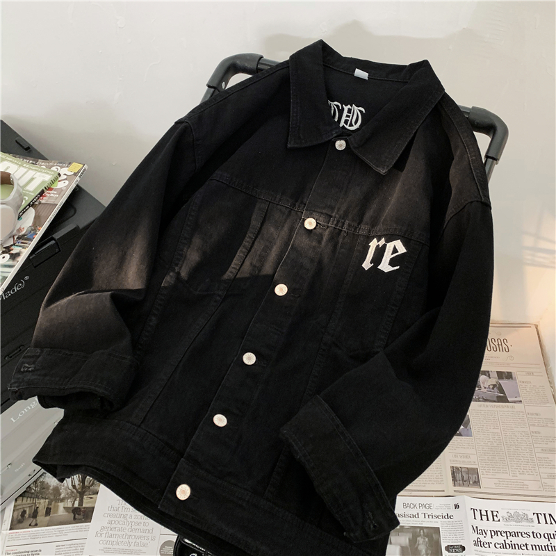 Áo khoác denim nam from rộng thêu hoạ tiết chữ thập, áo bò jean unisex phong cách retro đường phố 1266