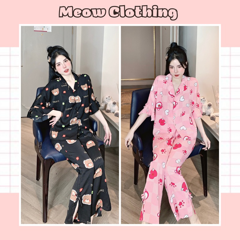 Đồ Bộ Mặc Nhà Pijama Tay Loe Quần Dài Xẻ Chất Liệu Mango Mềm Mịn Mát - Meow Clothing