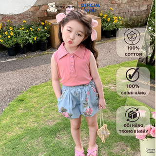 - Sét áo cotton cổ polo hai màu và quần bom hoa - Tiny Winy