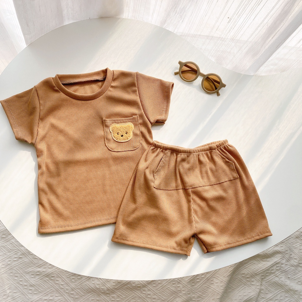 Bộ cộc tay thun gân thêu gấu túi thật