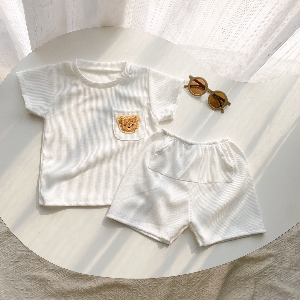 Bộ cộc tay thun gân thêu gấu túi thật