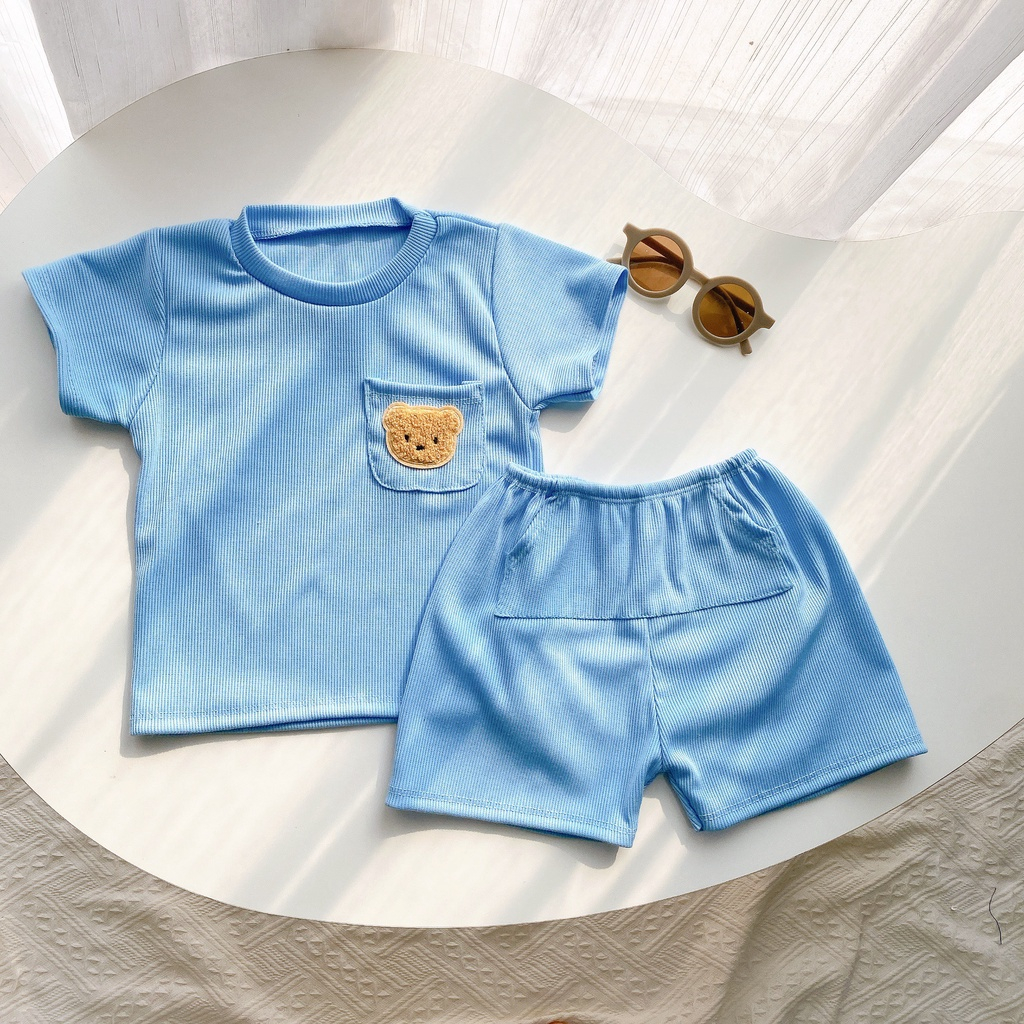 Bộ cộc tay thun gân thêu gấu túi thật