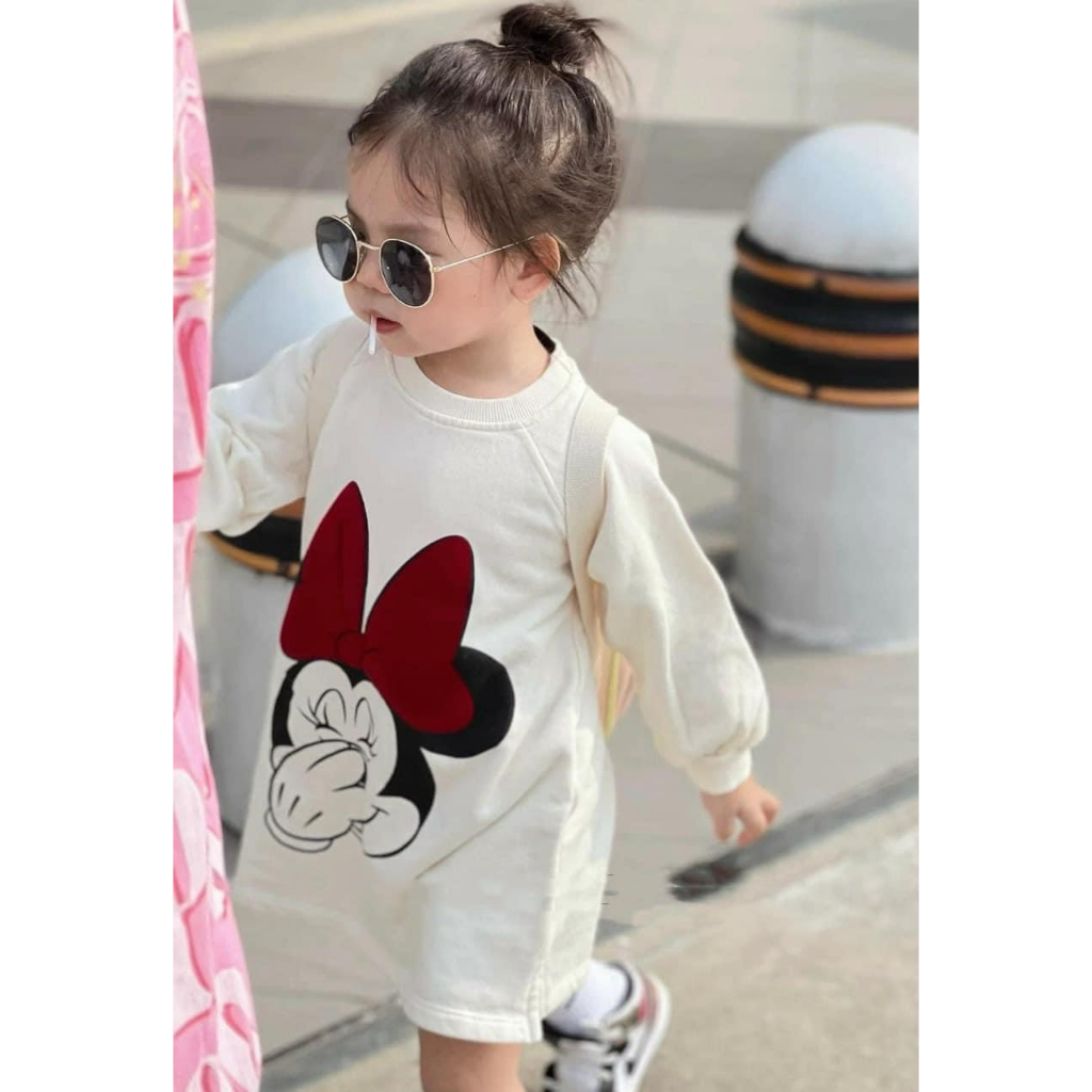 Váy bé gái - đầm suông da cá tàu in hình mickey cá tính cho bé gái 8-18kg