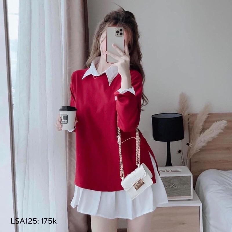 Đầm sơ mi nữ màu trắng phối kèm áo len gân cực chất TT 07