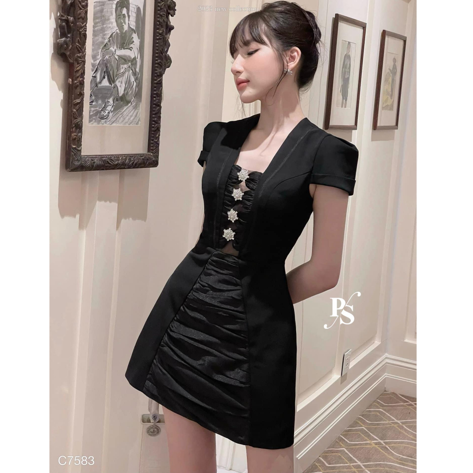 Váy đầm nữ cổ vuông dáng A ngắn cách điệu ngực nơ đính đá sang chảnh thời trang dự tiệc cưới sang trọng tiểu thư LEVAN