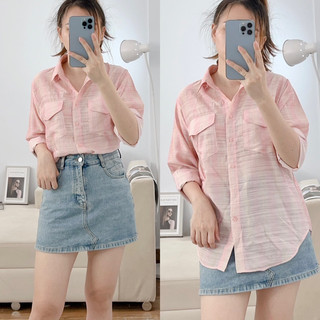 Áo sơ mi lụa hàn cho nữ freesize thanh lịch, sơ mi nữ sọc loang phom rộng freesize