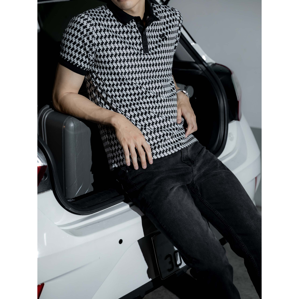 Áo Polo Nam Black White Mosaic, Chất Vải Cotton Dệt Blend Thoải Mái, PL0054, SOMEHOW