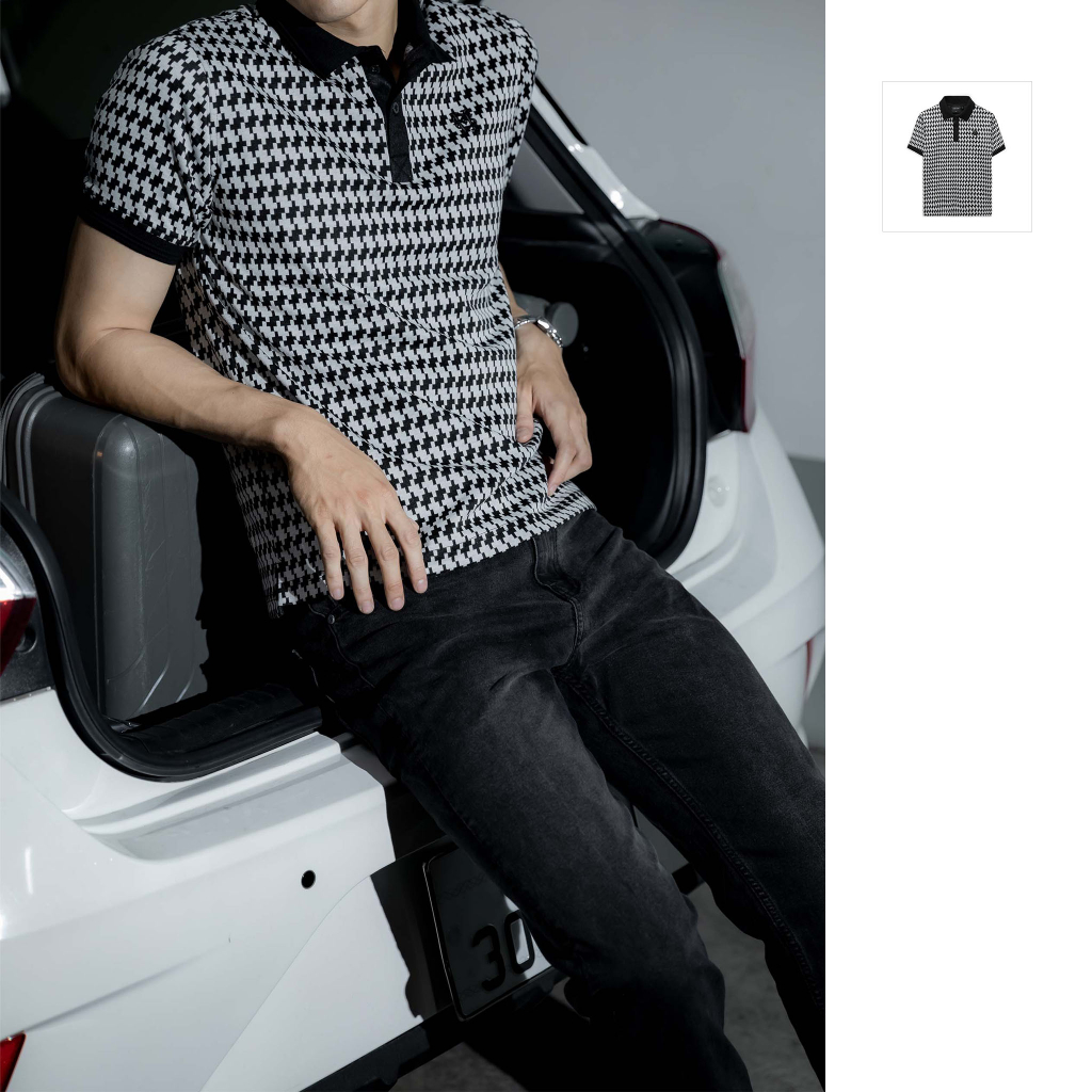 Áo Polo Nam Black White Mosaic, Chất Vải Cotton Dệt Blend Thoải Mái, PL0054, SOMEHOW