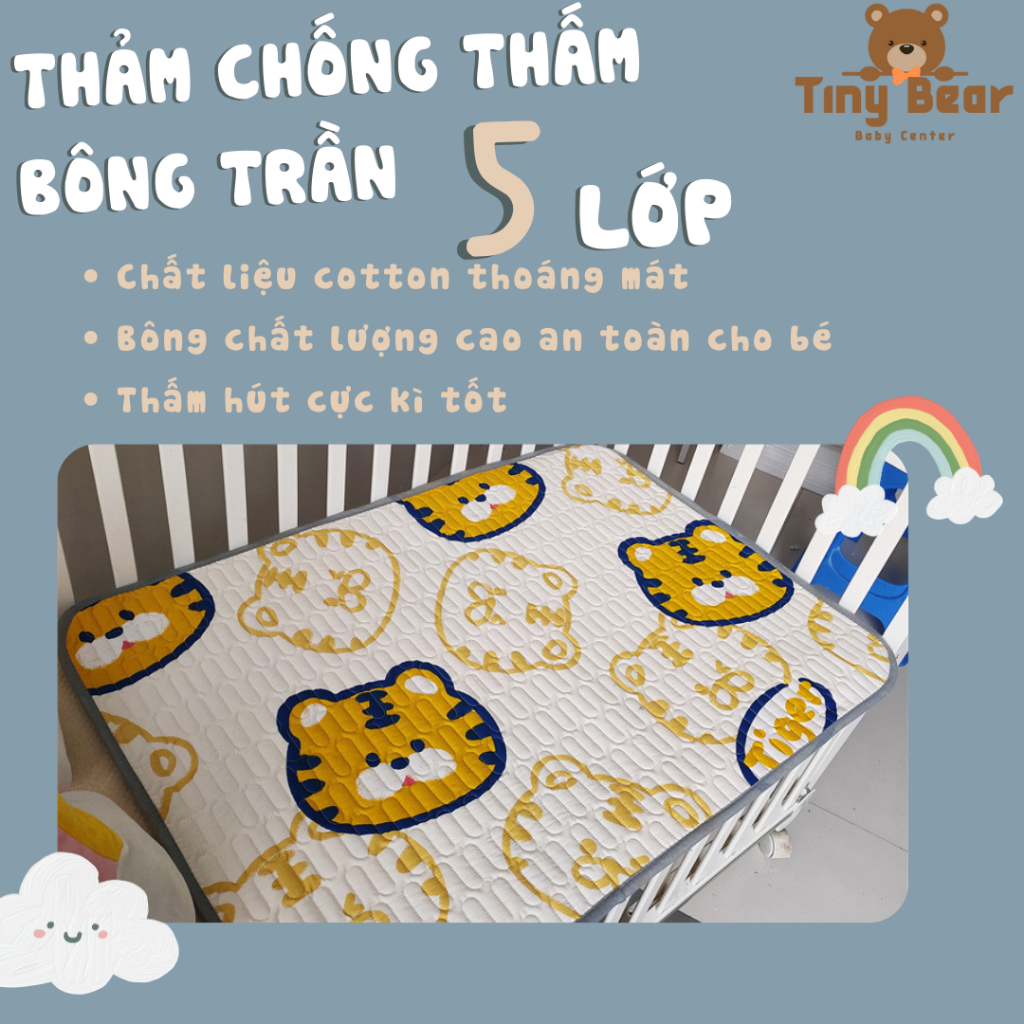 Tấm lót chống thấm cotton 5 lớp chần bông cho người già và trẻ em 70x100cm, 100x120cm và 100x150cm