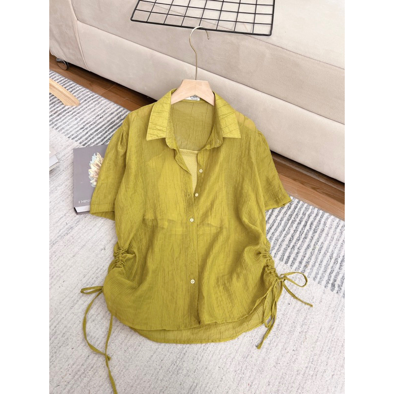 Set Áo Sơ Mi Nữ Tay Ngắn Rút 2 Bên Chất Voan Tơ Kèm Áo Lót Trong, Sơ Mi Nữ Freesize Phong Cách Hàn Quốc