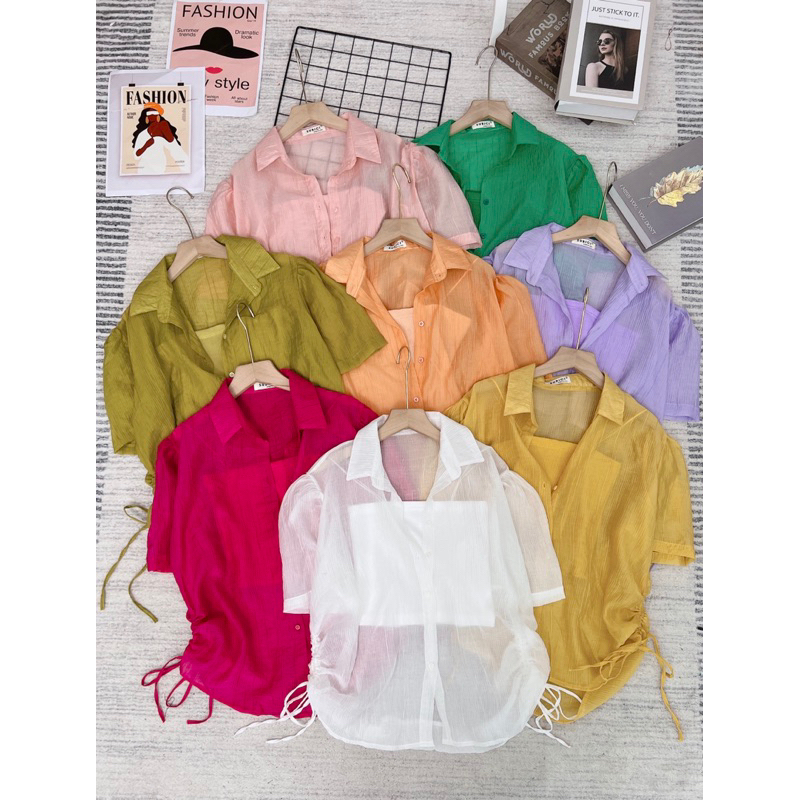 Set Áo Sơ Mi Nữ Tay Ngắn Rút 2 Bên Chất Voan Tơ Kèm Áo Lót Trong, Sơ Mi Nữ Freesize Phong Cách Hàn Quốc